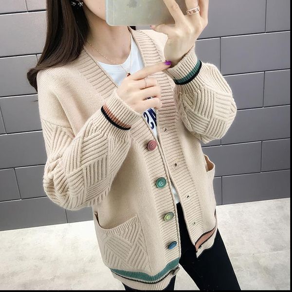 

autumn winter knitted jacket women sweaters loose long sleeve cardigan with single breasted pocket female sweater, White;black
