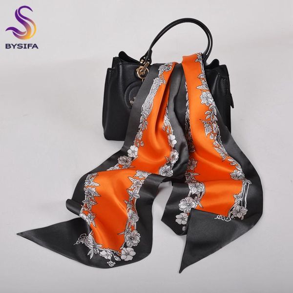 

scarves [bysifa] brand orange grey ladies ribbons printed luxury 100% silk long scarf elegant floral design head 155*16cm, Blue;gray