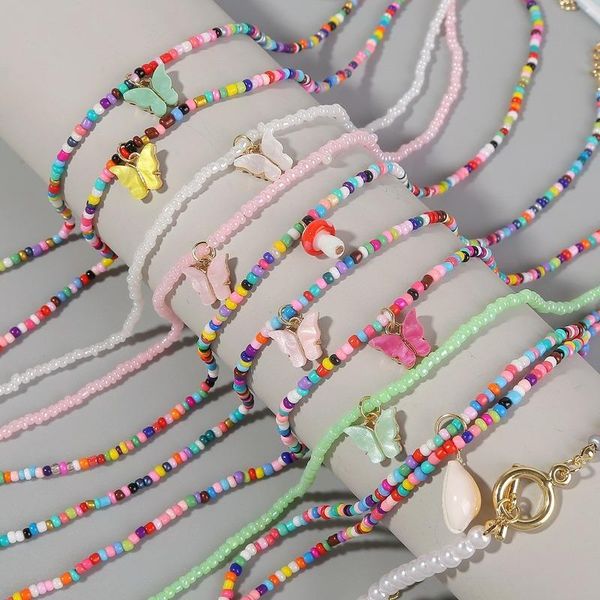 

chains fashion vintage colorful rice beads party necklace elegant butterfly pendant retro accessories all match jewelry, Silver