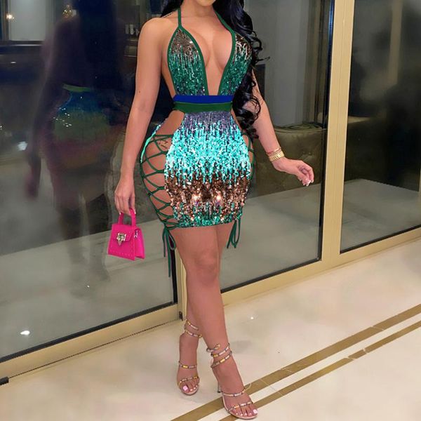 

casual dresses tmustobe bandage sequin print dress women halter backless streetwear fashion sleeveless rave party clothes mini, Black;gray