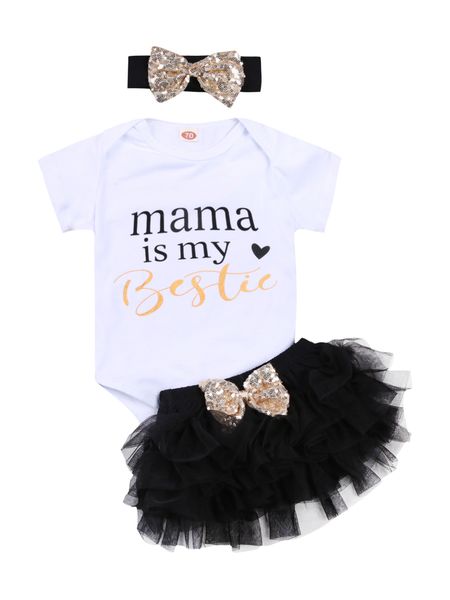 

3 pcs baby girl outfits short-sleeved round neck letter printed romper + net gauze fluffy skirt + sequin bow headband, Blue