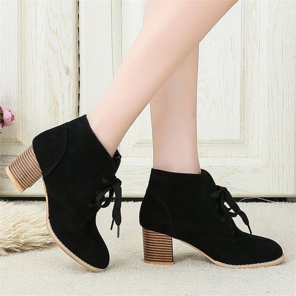 

boots gothic autumn low heel lace-up cowboy short boot retro motorcycle women's leather ankle pointed suede riding shoes, Black
