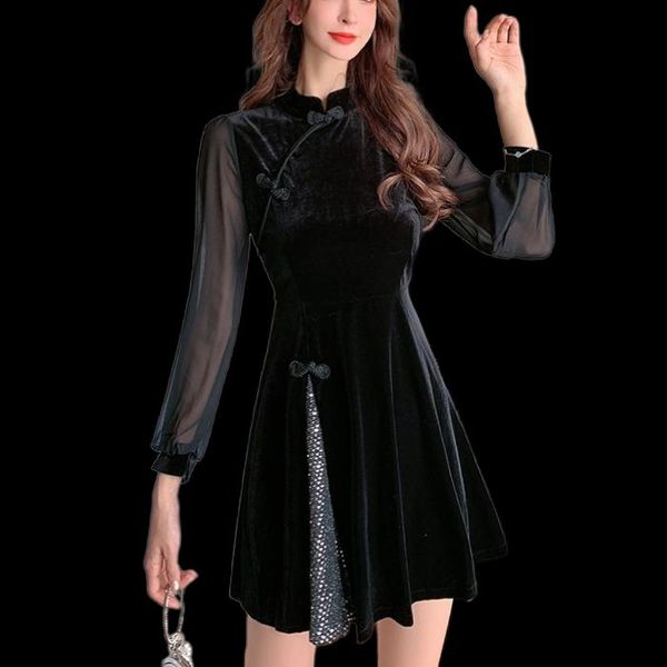 

casual dresses french style desing women fashion spring winter year retro vintage party a line patchwork sheer mesh little black dress, Black;gray