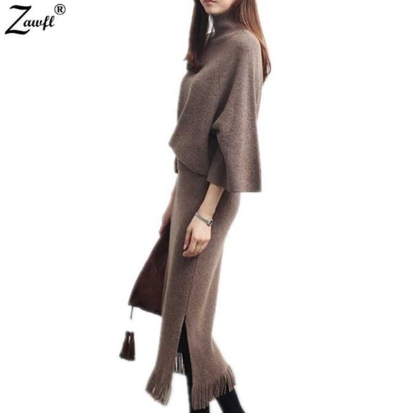 

winter 2 two piece set knitted sweater tassel skirt suits elastic waist skirts fashionsuit warm pullovers femme outfits mujer 210525, White