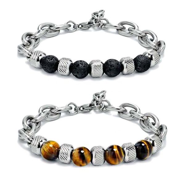 

charm bracelets punk stainless steel hip hop bracelet charms natural stone tiger eye beads braclet for men armband jewelry pulseras mujer, Golden;silver