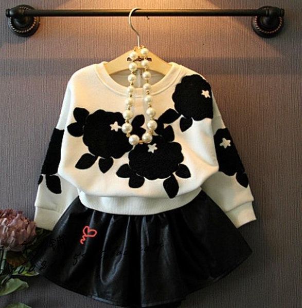 

clothing sets spring baby girl set bow cute children suit 2pcs long-sleeve sweater coat + leather skirt princess sweet twinset 0lan, White