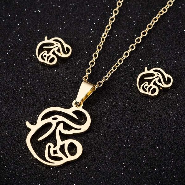 

earrings & necklace pregnant woman mom dad baby stainless steel jewelry family pendant stud collar, Silver