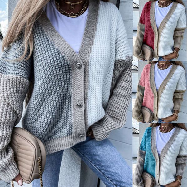 

winter color splicing long sleeve wool cardigan jacket v-neck sweater, White;black