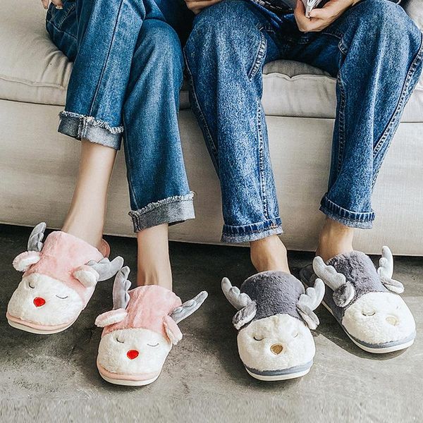 

women slippers winter warm 3d cartoon elk deer home non-slip plush cotton shoes men ladies couple floor fur slides zapatillas, Black