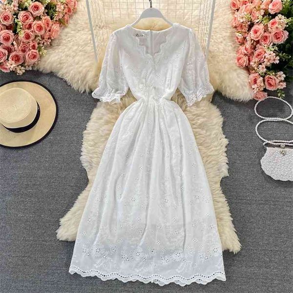 

women white dress summer elegant v-neck short flare sleeve vintage long party dresses female korean chic casual robe mujer 210514, Black;gray