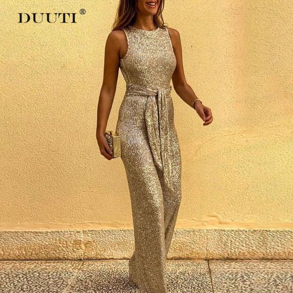 

women's jumpsuits & rompers elegant backless sequins jumpsuit women fashion wide leg party gold belt playsuit for ladies club d30, Black;white