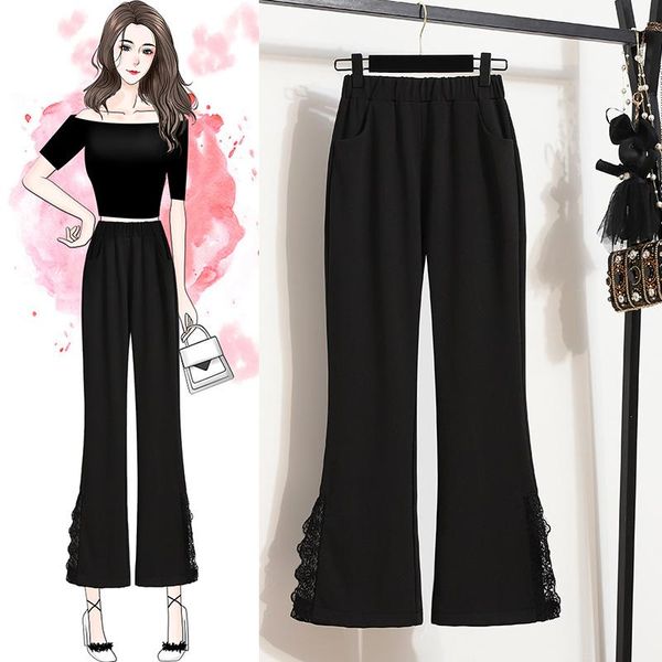 

women's pants & capris large size split casual for plump girls spring and autumn high waist wide leg slimming slim, Black;white