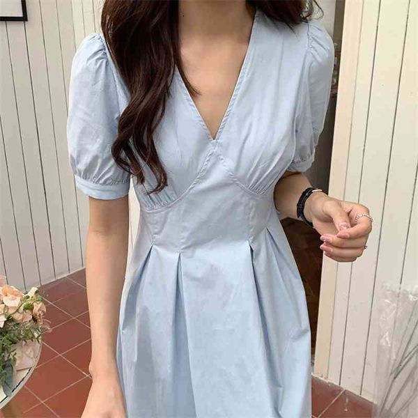 

women's knits & tees casual folds sleeve high waist midi summer woman short v-neck calf length white blue es for women 2021 ecgm