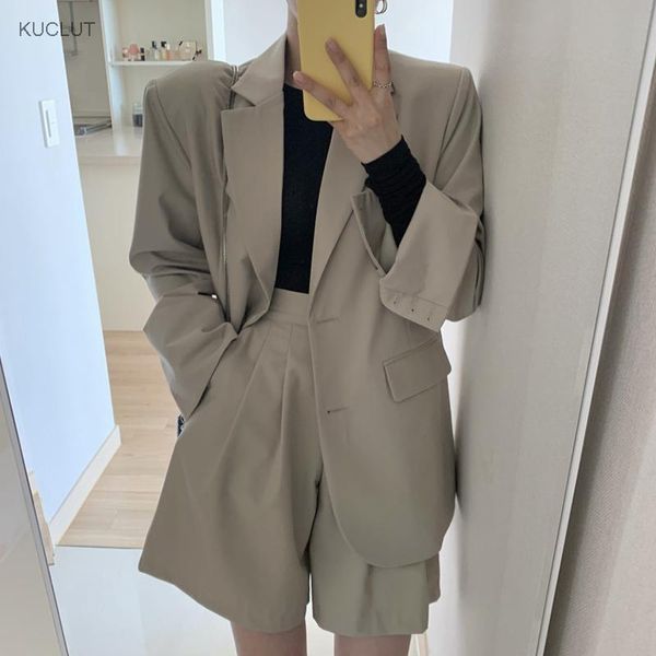 

korean chic temperament lapel two button long sleeve suit coat + high waist loose wide leg trousers shorts women's suits & blazers, White;black