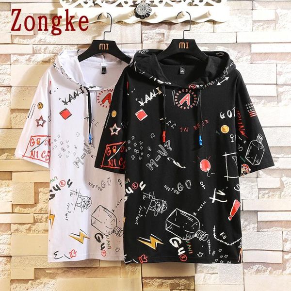 

men's hoodies & sweatshirts zongke print hoodie men clothing harajuku hooded japan style streetwear m-5xl 2021 arrivals, Black