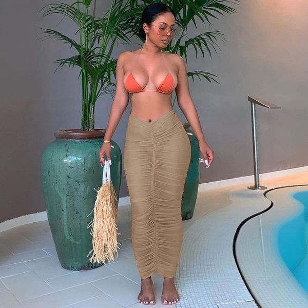 

women's swimwear long summer dress 2021 beach women covers bikini cover up jumpsuit shrinkage pleated bust skirt suit pure color pencil, White;black