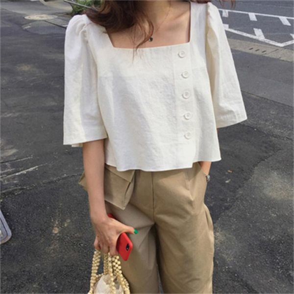 

women's blouses & shirts 2021 womens summer cotton linen ladies straight shirt side buttons short puff sleeve blouse h268, White