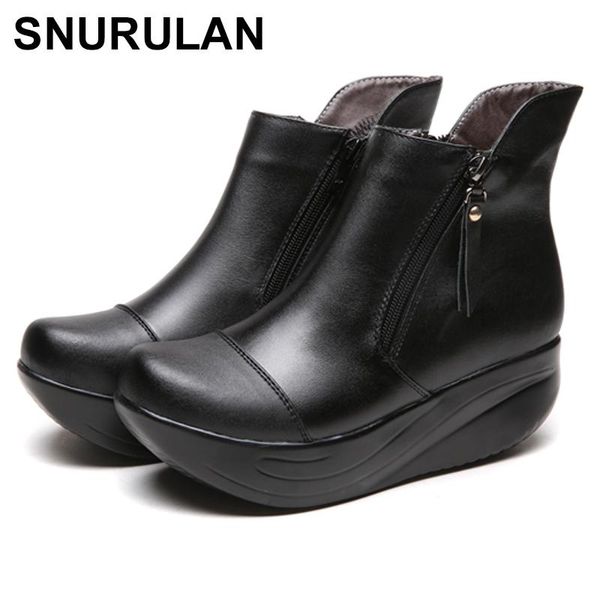 

boots snurulan women snow platform genuine leather winter women's shoes lace up fur black warm ankle e515