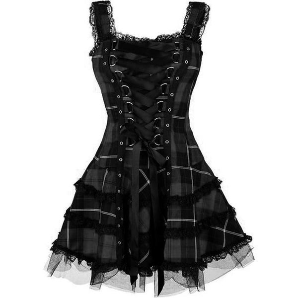 

casual dresses dress women classic frill lace sleeveless plaid vintage gothic mini ball gowns cosplay costume plus size, Black;gray