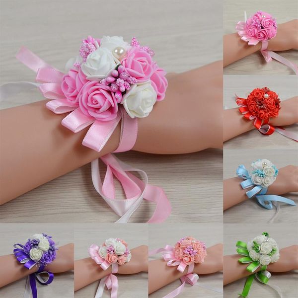 

charm bracelets women bridesmaid bracelet ribbon rose flowers pearl bow wrist corsage bridel gifts wedding, Golden;silver
