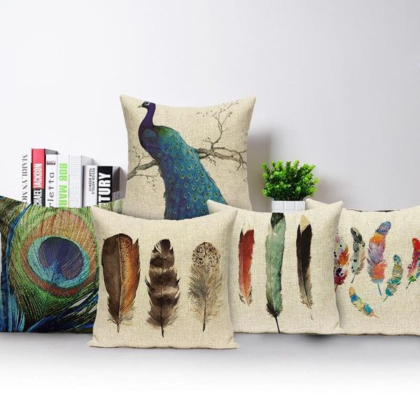 

cushion/decorative pillow feather pattern linen cushion cover 45x45cm peacock case home decorative pillows for sofa