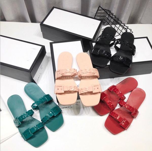 

Summer jelly slippers candy color chain buckles sandal square toe beach rubber PVC water shoes, Green