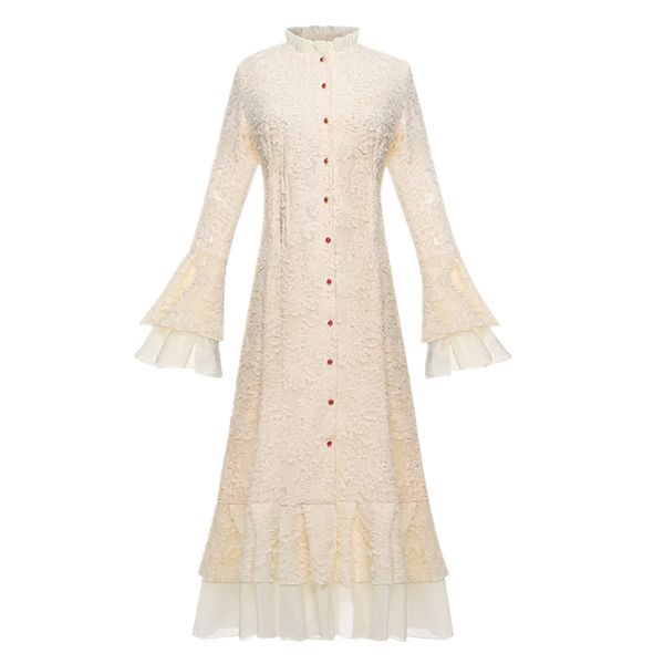 

french vintage beige stand collar flare long sleeve mermaid midi dress autumn winter elegant d2041 210514, Black;gray