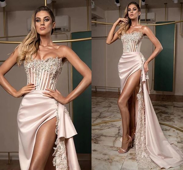 Árabe Aso Ebi Espartilho Vestidos de Noite 2022 Sexy Alta Split Split Strpless Lace Appliques Frisado Especial Ocasiões Partido Vestidos Sereia Swew Train Mulheres Formal Vestuário Formal Al9681