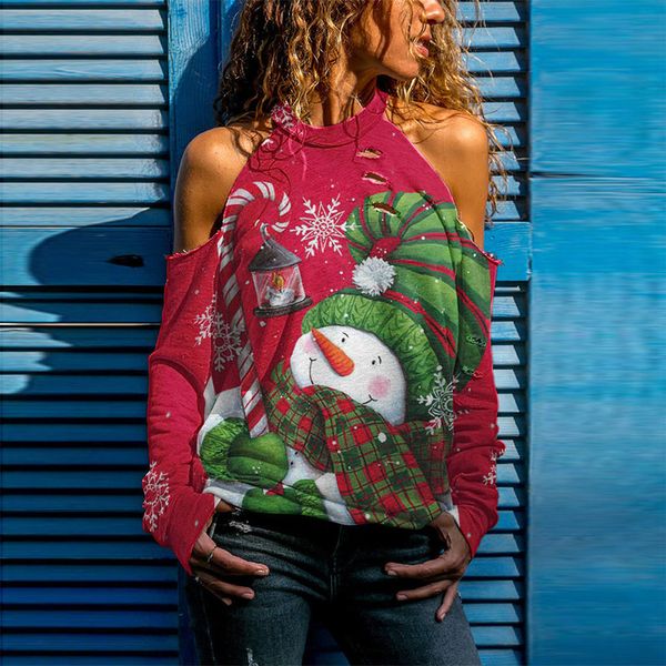 

new christmas printed women's hole hollow long sleeve t-shirt top, White