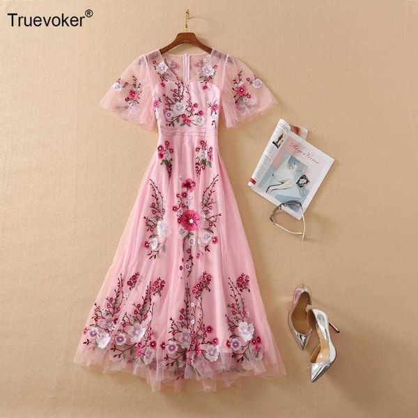 

truevoker european runway fashion lady festa vestido vintage embroidey pink mesh mid calf length party dresses 210602, Black;gray