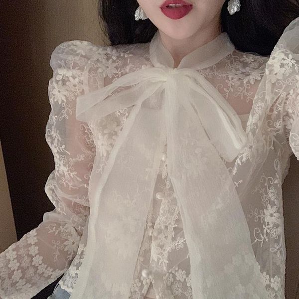 

women's blouses & shirts blouse cute lace mesh korean embroidery tie bow neck flowers women clothes solid button up ladies 554d, White