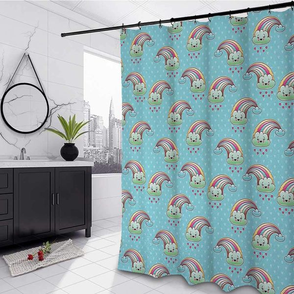 

anime fabric shower curtain liner 36" w x 72" l, cartoon rainbow clouds with smiling lovely faces on pale blue background with