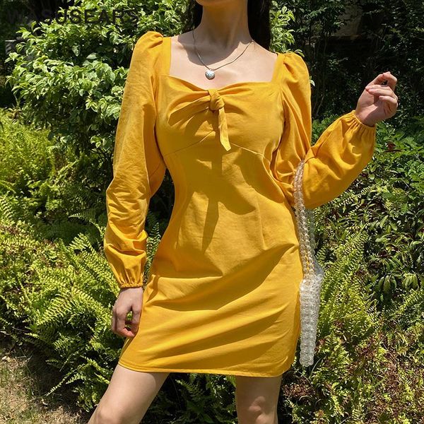 

casual dresses women dress long sleeve fall for 2021 elegant solid color bow tie square neck mini female, Black;gray