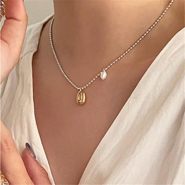 

chains korea retro trendy oval gold bean imitated-pearl silver color pendant necklace geometric irregular clavicle chain for women