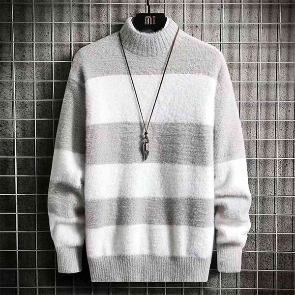

men's sweaters fashion designer mink wool sweater color matching stripe half-height collar couple knitting pullover hoodies autumn c3x8, White;black