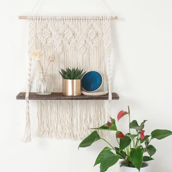 

tapestries boho macrame tapestry rack woven wall hanging wooden floating shelf tel storage hanger for home decorate