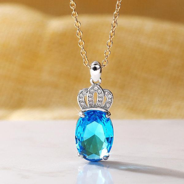 

pendant necklaces trendy silver plated crown for women sea blue shine cz stone inlay fashion jewelry daily wear party gift