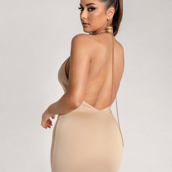 

casual dresses svokor women's deep v-neck dress neck-mounted slim open back long party bodycon summer 2021, Black;gray