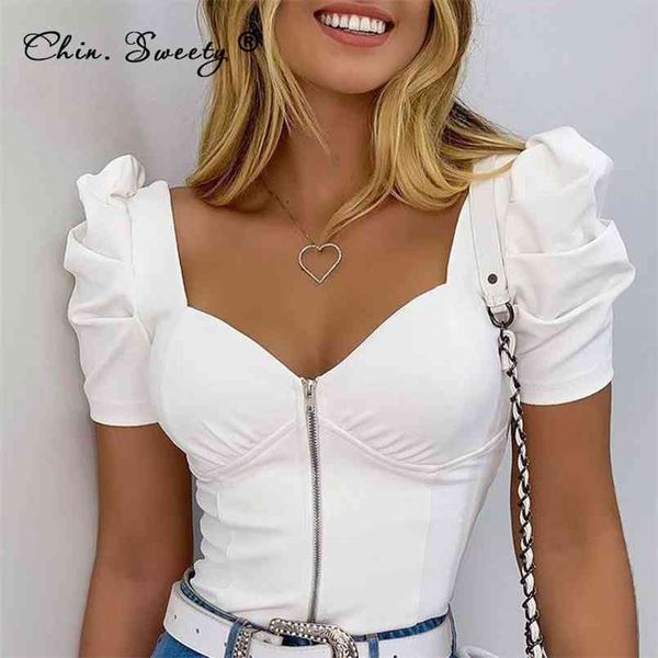 

summer women's puff sleeve folds short t-shirts v-neck zipper female skinny fashion streetwear ladies t-shirt 210708, White