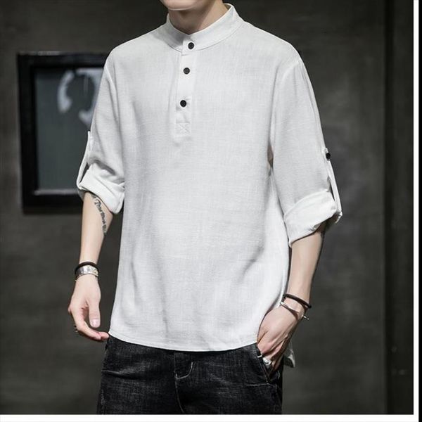 

m 5xl plus size summer mens polo roll up sleeve collarless shirt long man streetwear casual henley shirts linen, White;black