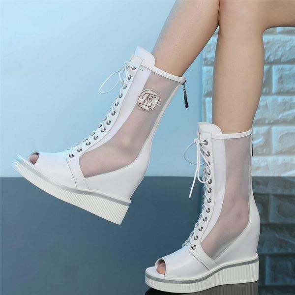 

casual shoes women lace up genuine leather wedges high heel motorcycle boots female summer peep toe platform fashion sneakers, Black
