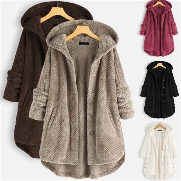 

plus size fashion plush warm coat casual ladies faux fur solid jacket streetwear female winter long sleeve womens outerwea 211215, Black