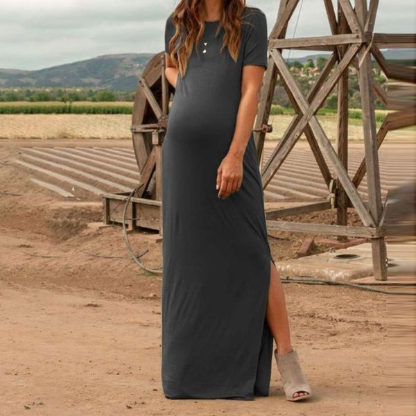 

maternity skirt solid split short sleeve cotton loose dress, Black;gray
