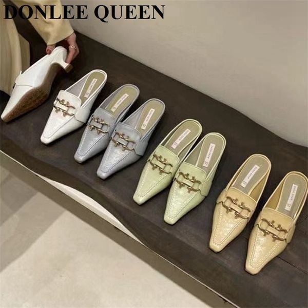 

spring low heel mule shoe outdoor slippers pointed toe brand metal buckle female slip on closed slide green 210619, Black