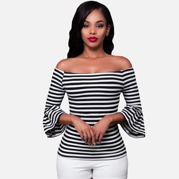 

off shoulder slash neck flared striped women's shirts long sleeve female blouses 2021 spring summer feminine camisas &, White