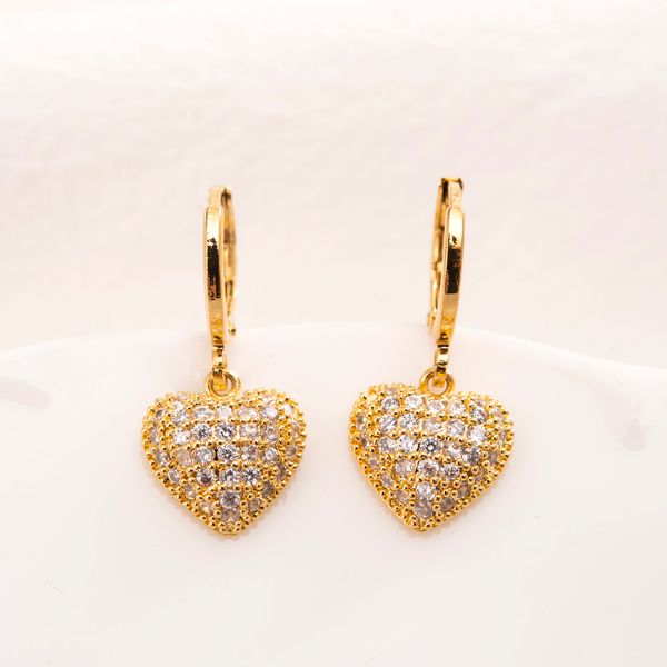 Elegante Herz baumeln 18 KT THAI BAHT feine massive Gold Diamant Tropfen Ohrring Kronleuchter koreanischen Stil voller Ohrringe Frauen luxuriösen Schmuck
