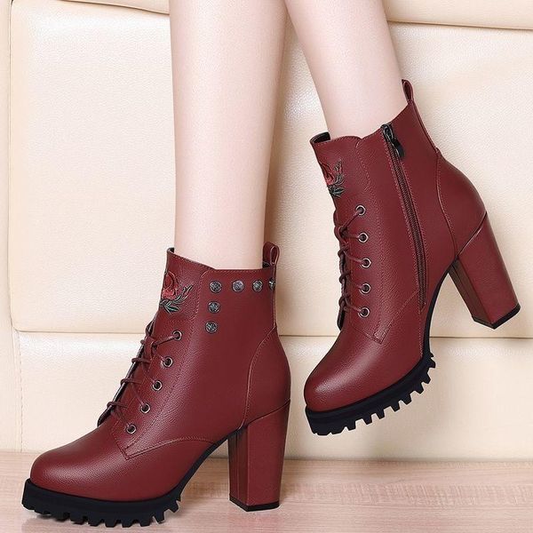 

boots gladiator women shoes 2021 winter cross-tied ankle boot embroidery high heels booties rivet platform botas mujer, Black