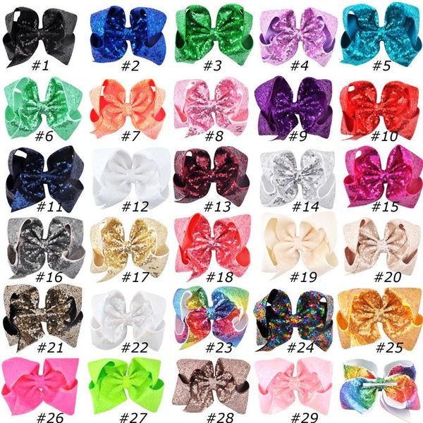 

29 color 8 inch jojo hair bow with clip mermaid sequin hairpin baby kids child hairpin headdress colorful mermaid hairclip, Slivery;white