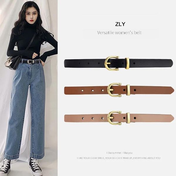 

belts zly 2021 fashion belt women men pu leather alloy metal pin buckle slender elegant simple versatile lady formal style, Black;brown
