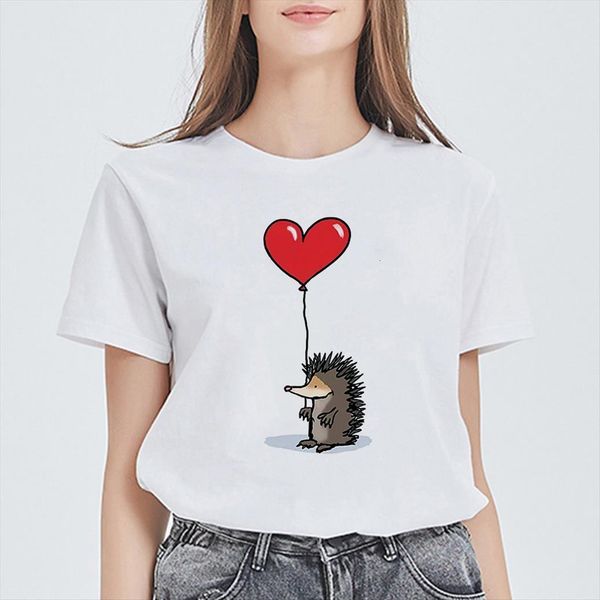 

femme vintage harajuku aesthetic korean womens style short sleeve plus size clothes tee shirt kawaii hedgehog loose women, White